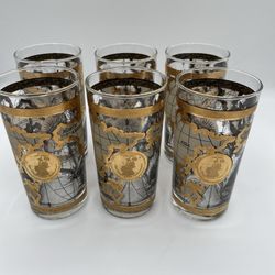6 Vintage Mid Century Cera Old World Map set 22K gold highball glasses