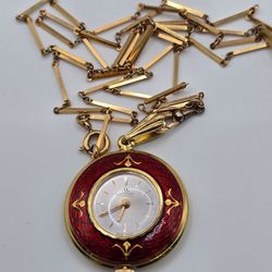 Vintage Bucherer 17 Jewel Swiss Red Enamel Pendant Watch w/ Chain