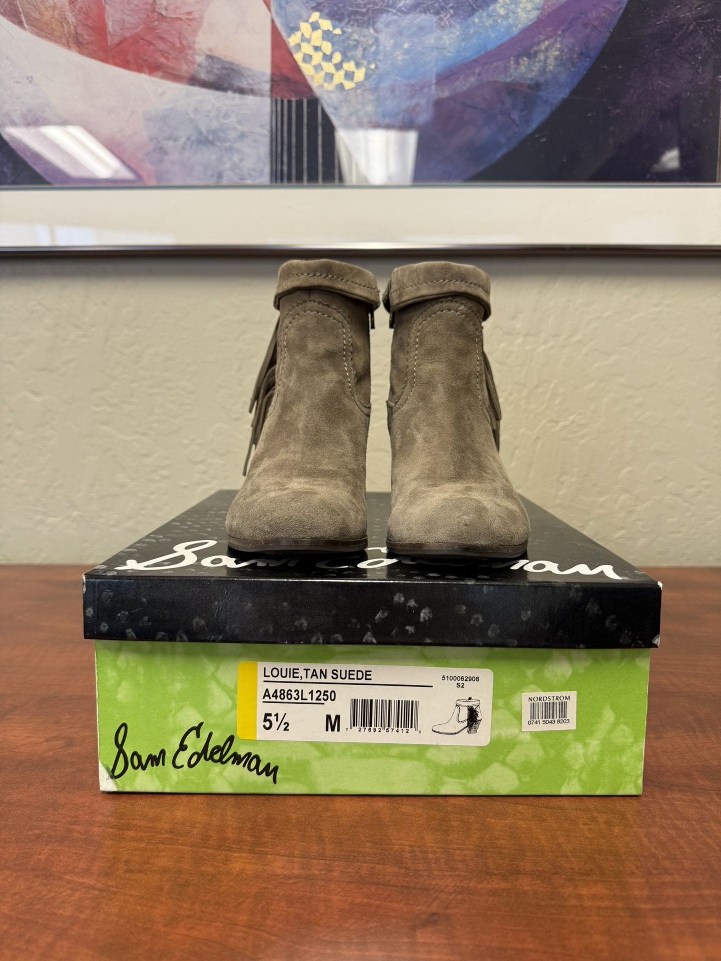 Sam Edelman “Louie” Tan (Taupe) Suede Fringe Booties Women’s Size 5-1/2 M