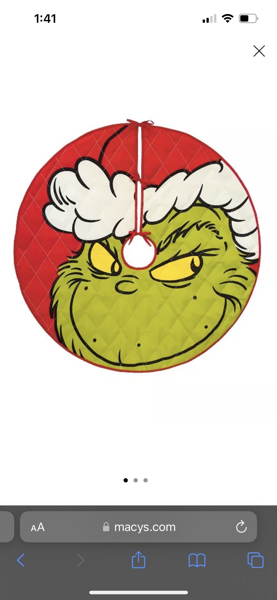 Hallmark Grinch Christmas Tree Skirt 40” Green Dr. Seuss Quilted Fabric Decor