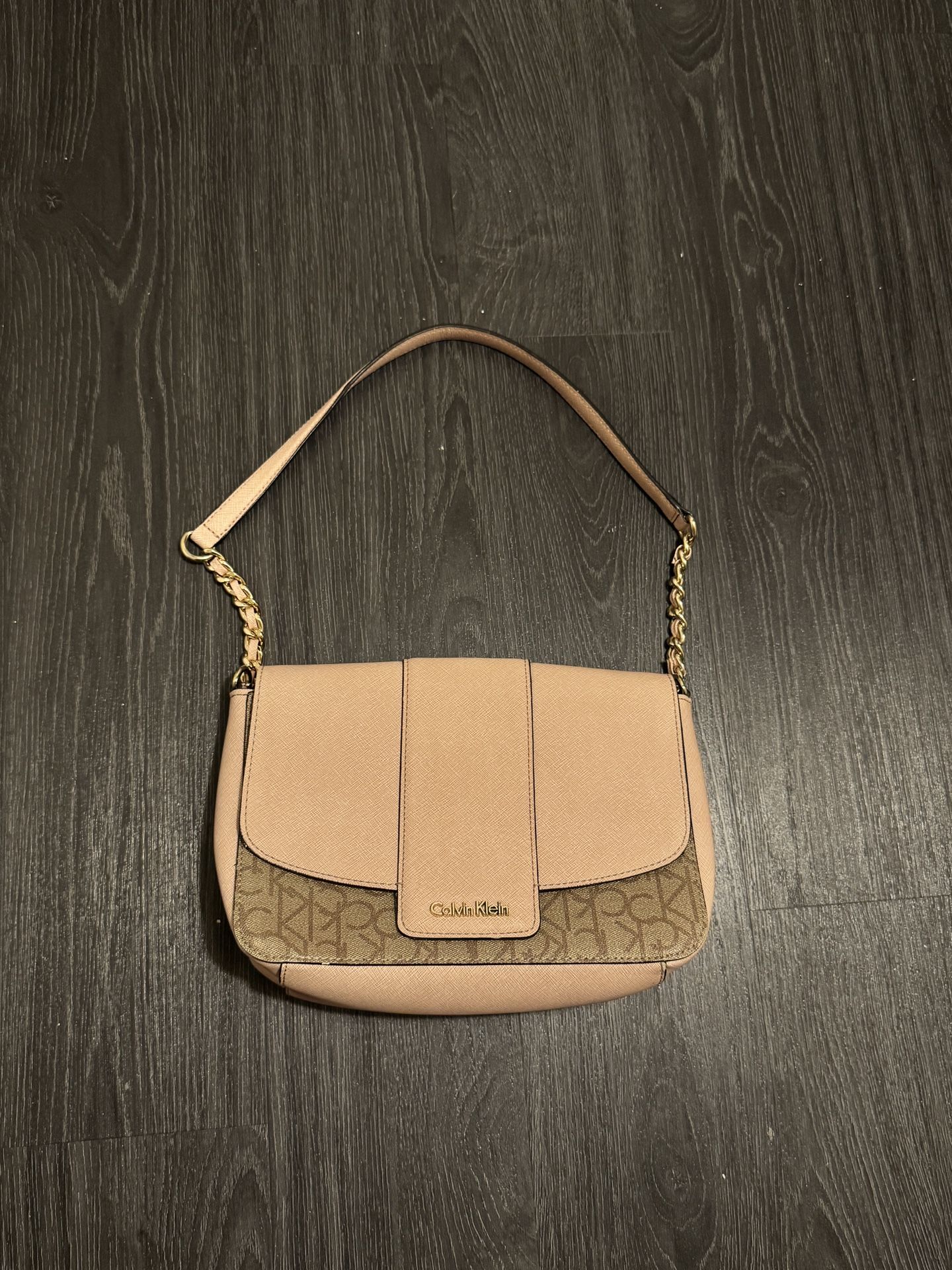 Calvin Klein Vintage Pink Leather Shoulder Purse / Handbag with Metal Detail Strap