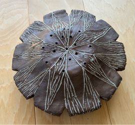 Handmade clay incense holder. 8” diameter, 3” tall.