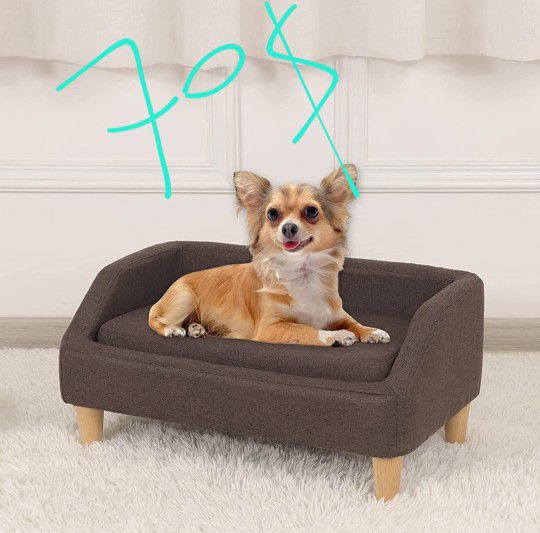 Pet Sofa Bed, Linen Fabric Couch with Washable Cushion & Wooden Legs for Small Dog Cat