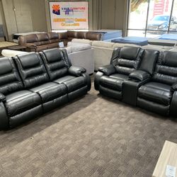 Black Leather Reclining Sofa Set 