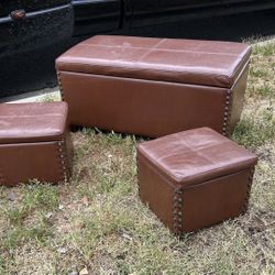 Top Of Line VINTAGE BOMBAY LEATHER OTTOMAN WITH 2 STORAGE CUBES Nailhead Bonded Leather