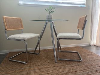 Round Glass Dining Table with 2 Cane Chairs