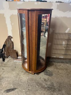2-vintage Oak Corner Curio Display Cabinets secured together