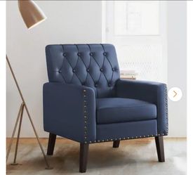 Navy Blue Faux Leather Walnut Legs Mid Century Modern Button Tufted Accent Chair