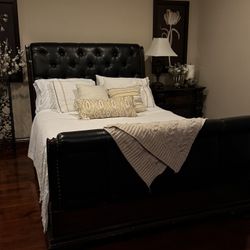 Queen Sized Leather bed, Nightstand, And Dresser