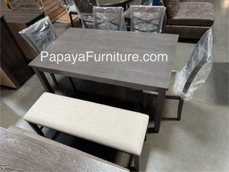 New! 6 Piece Grey Dining Table and Chair Bench Set Gray 6pcs Ashley IKEA Style Kitchen Dinette Set Rectangular Discount Furniture Warehouse Clearance