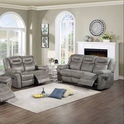Brand New Gray Fabric Manual Reclining Sofa + Loveseat 2PCs Set