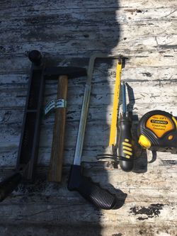 A 14” INCH SHAVER A 1-POUND MASON HAMMER A HACK SAW AND A 6-IN 1-MULTIPLE BIT SCREWDRIVER AND BRAND NEW NEVER USED POWER TAPE MEASURE 10M-33FT-$35.00
