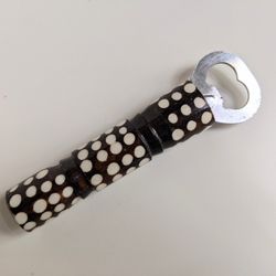 Handcrafted Bone Bottle Opener Dark Brown & White Dots