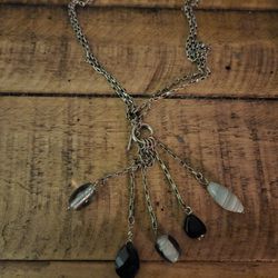 Vintage Silver Toggle Drop Necklace W/Snowflake Agate & Onyx 