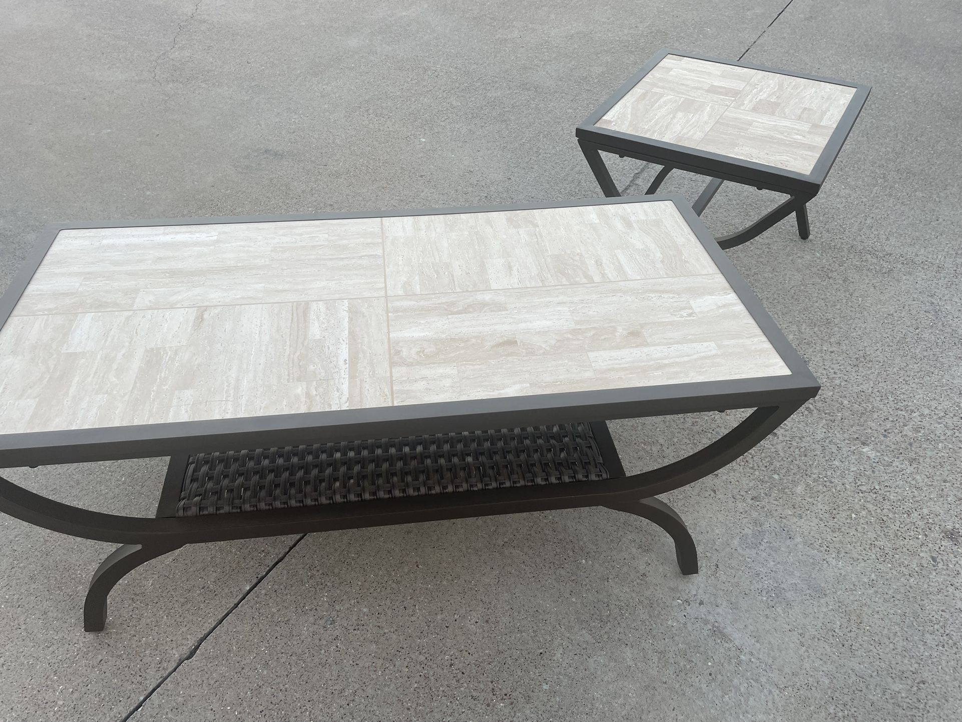 Outdoor Coffee Table With Travertine Top And Wicker Shelf Also Side Table 