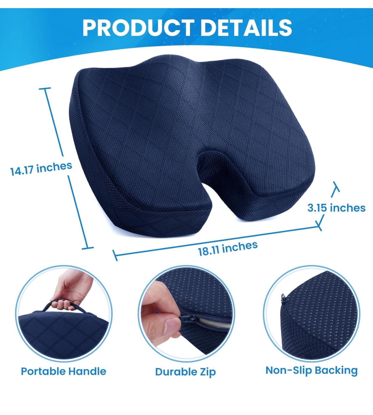 Seat Cushion - Memory Foam Cushion for Office Chair, Car Seat, Airplane, Bleacher - Sciatica & Coccyx Pain Relief Desk Chair Cushion for Long Sitting 