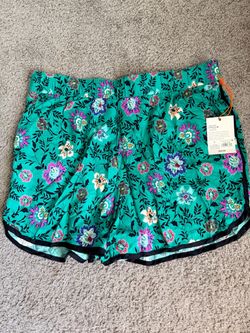 Knox Rose Green Floral Colorful Rayon Shorts Pockets Elastic Waist LARGE NWT