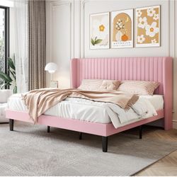 King Size Velvet Bed Frame/Vertical Channel Tufted Wingback Headboard/Upholstered Platform Bed/Strong Wooden Slats/No Box Spring Needed/Easy Assembly/