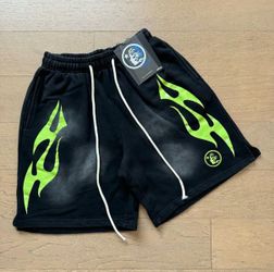 Black Shorts with Neon Green Flame Print