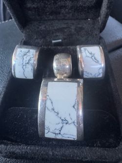 Mexico 925 Sterling Silver White Howlite Pendant & Earring Set — 34g
