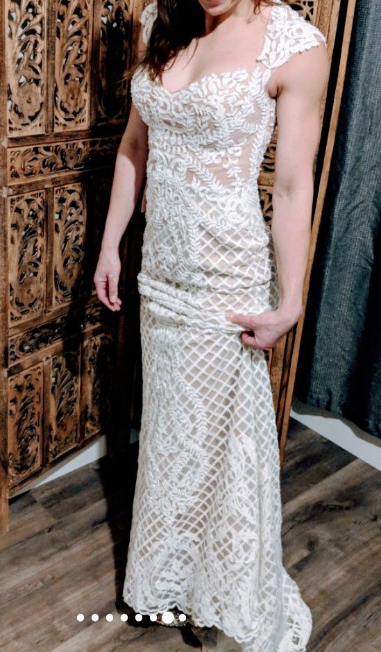 lace wedding dress with pearls Arabesque Long Sleeve Lace Wedding Dress Sheath by Claire Pettibone main image 1