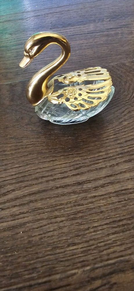 Vintage Antique Brass And Crystal Swan