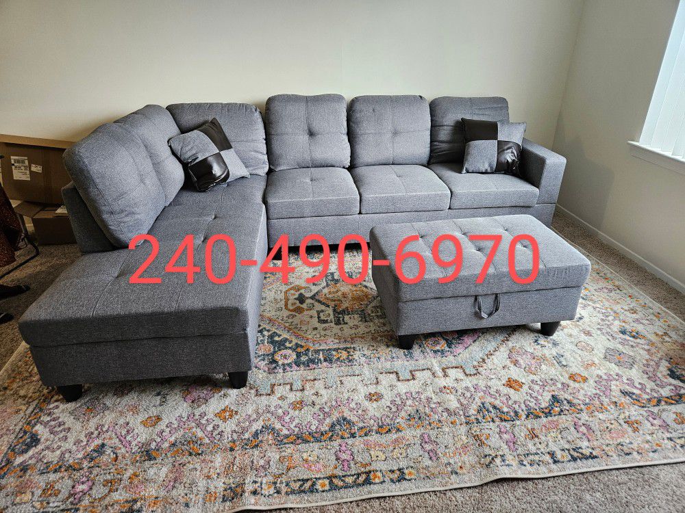 Special Sale Only $52 Down Brand New Box Gray Linen Sectional With Pillows Storage Ottoman Complete Package