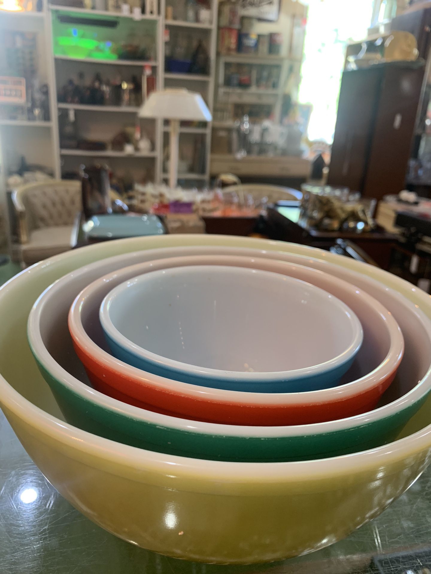 Pyrex primary set. Original authentic. Full set. 125.00.  Johanna at Antiques and More. Located at 316b Main Street Buda. Antiques vintage retro furni