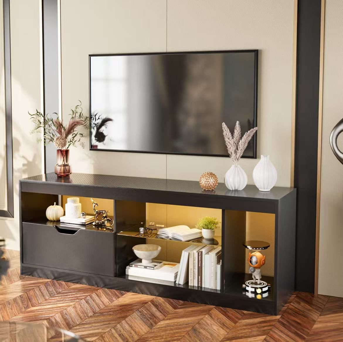 Modern LED TV stand for TVs up to 65 inches with shelves and glass drawers $100