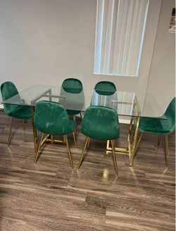 Big Glass Dining Table and 6 Dark Green Velvet Chairs