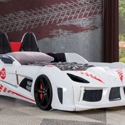Brand New White Twin Size Race Car Design Bed Frame
