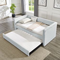 Twin Size Daybed, Upholstered sofa bed,The bottom pulls out to form a bed ,Striped corduroy fabric- Light grey(86*43.5*34)