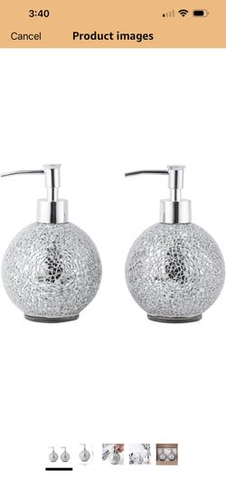 TWO Crushed Mirror Glass Mosaic Round Soap Dispenser Set- Silver Chrome