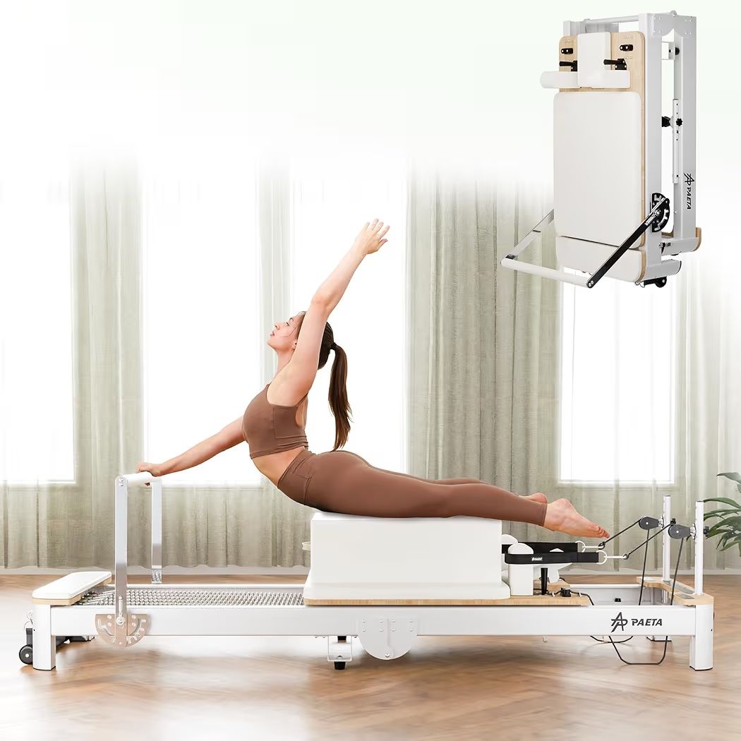PAETA Pilates Reformer, 92” Aluminum Reformer Pilates Machine, Foldable Pilates Machine Equipment, with Music Wire Springs and Jump Boards, Cream Whit