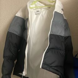 Boys, Nike jacket, puffer, grey, black, and white