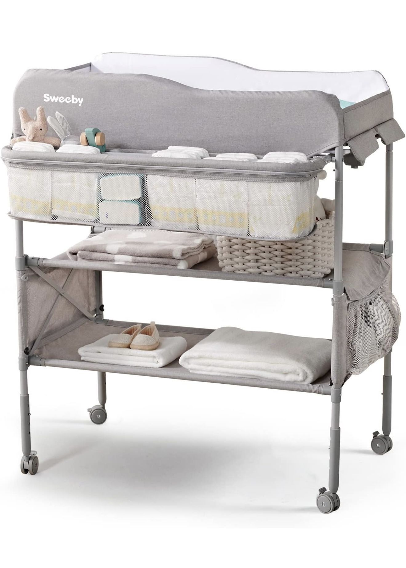Sweeby Portable Baby Changing Station with Waterproof Pad, Nursery Organizer for Infant & Newborn - Grey