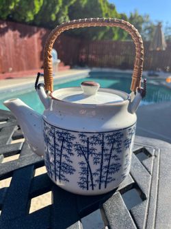 Vintage-Style Blue Bamboo Ceramic Teapot with Rattan Handle