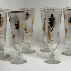 Vintage Libbey Gold Frosted Autumn Foliage Leaves/ Beer/ Parfait Glasses / MCM Barware 