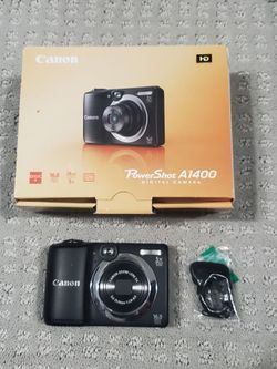 Canon PowerShot A1400 digital camera in black, featuring 16.0 megapixels and a 5x optical zoom