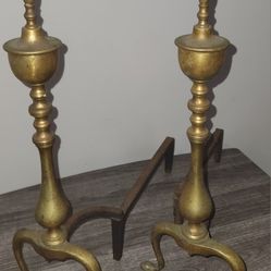 Vintage Set of Two 18 1/2" Tall Brass & Cast-Iron Fireplace Andirons