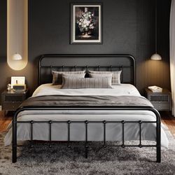Queen Size Metal Platform Bed Frame with Victorian Vintage Headboard & Under-bed Storage, Black