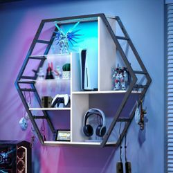 Floating Shelves with Lights, Led Shelves for Wall, Gaming Room Decor Display Shelf, Lighted Bar Shelves, Extra Hanging Hooks Storage, Sturdy Fast Ass