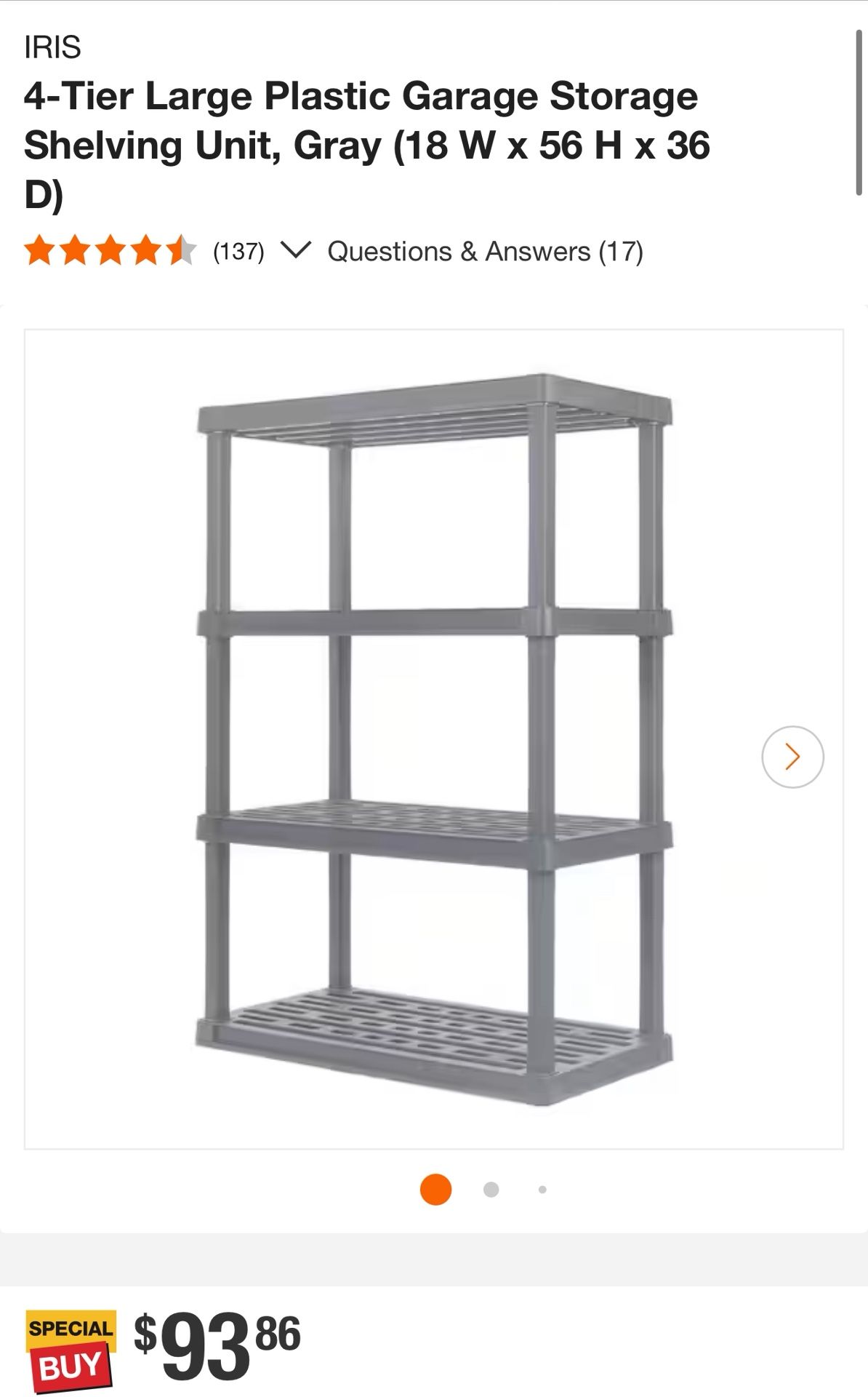 IRIS 4-Tier Large Plastic Garage Storage Shelving Unit, Gray Size: 18” W x 56” H x 36” D