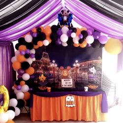 Halloween Party decorations balloons garland tent Drapping backdrop chairs tables heaters