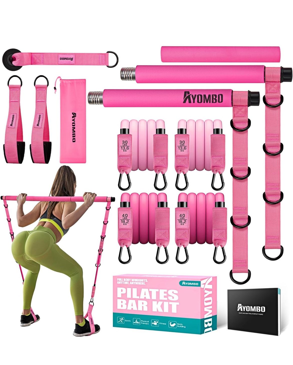 Pilates Bar Kit with Resistance Bands, Pilates Workout Equipment for Legs, Hip, Waist, Arm, Squats Exercise Equipment for Home Workouts, Adjustable 3-