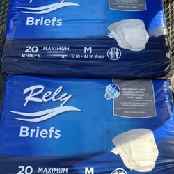 Lot 2 NEW Rely Adult Diapers, Disposable Incontinence Briefs with Tabs, Maximum- M 32”-44”
