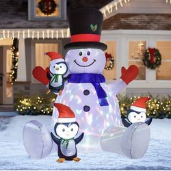 Lighted Inflatable Snowman Christmas Outdoor Decoration - 7ft Blow Up Snowman and Penguins with Built-in Colorful Rotating LED Lights Inflatable Yard 