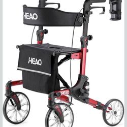 Open Box New HEAO Rollator Walker with Seat, Shock Absorber Rolling Walker for Senior with Cup Holder, Lightweight Foling Mobility Walking Aid Red