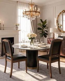 Upholstered Dining Chairs Set of 2, PU Leather Parsons Chair with Nailhead Trim, High Back and Wood Legs for Dining Room, Kitchen, Living Room, Black
