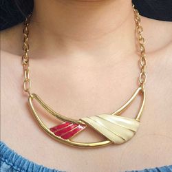 Vintage Monet Necklace: Red and Cream with Gold Enamel